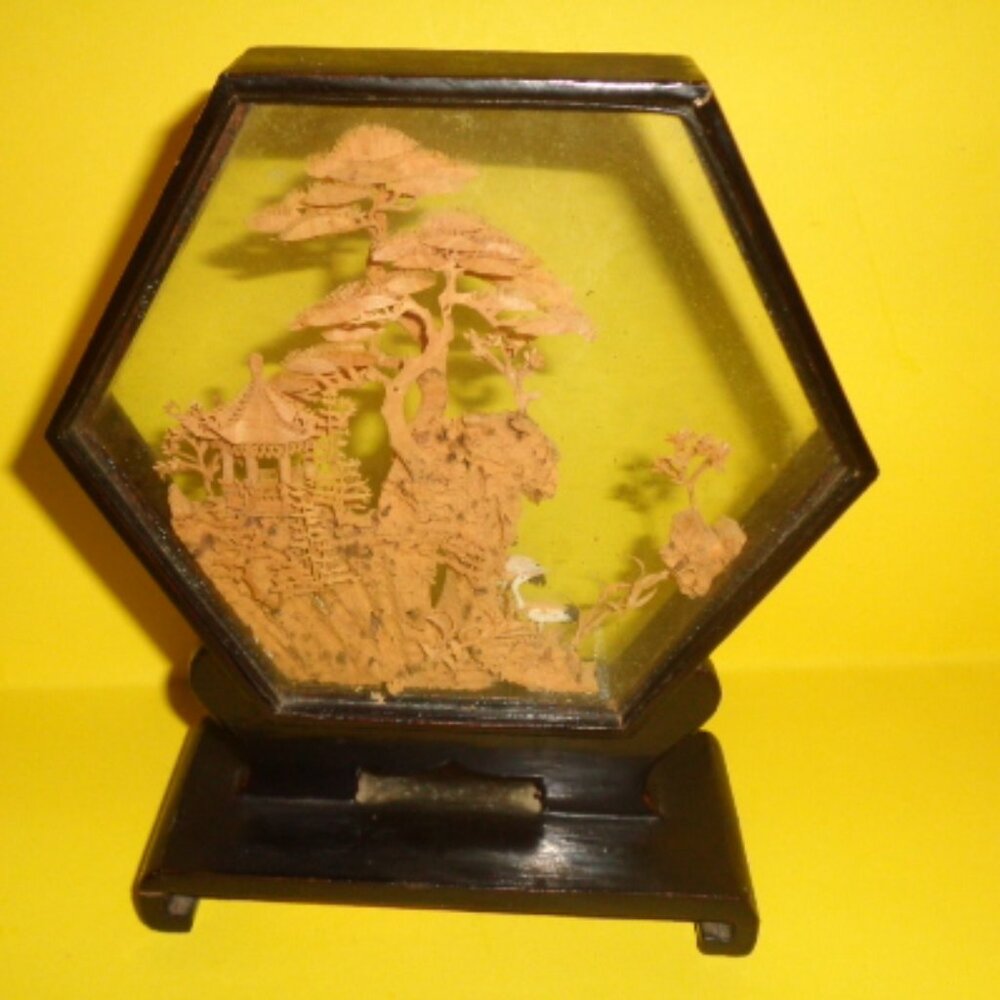 Vintage Asian Micro Art Wood Scene 7 x 6" Under Glass